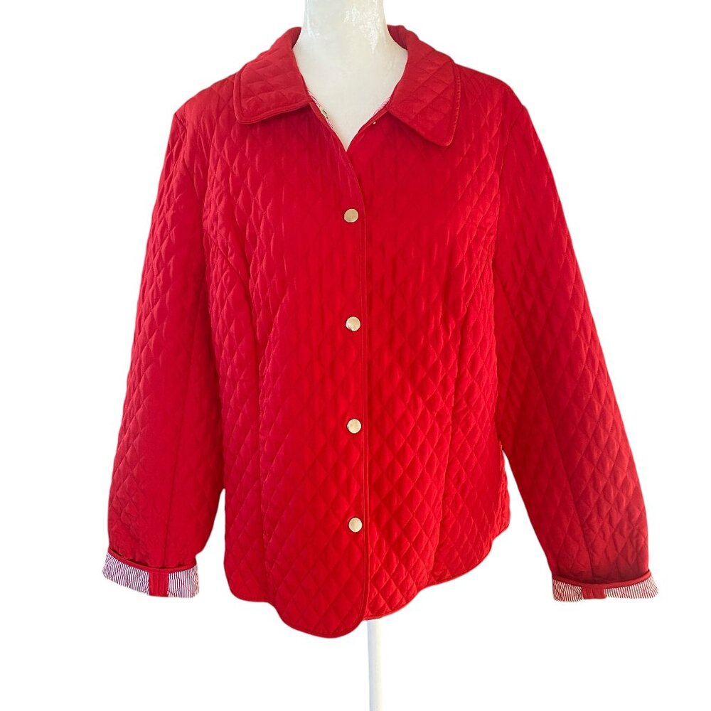 Briggs New York women's size 16 red snap front long sleeve collared quilt jacket